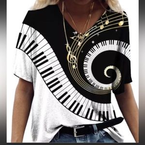 CONTEMPROARY SPIRAL MUSICAL NOTES V-NECK TEE